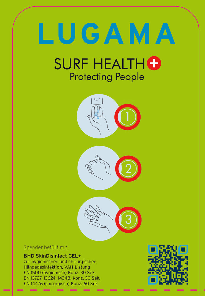 Produkt-Infotafel zu SURF+ Handdesinfektionsspender
